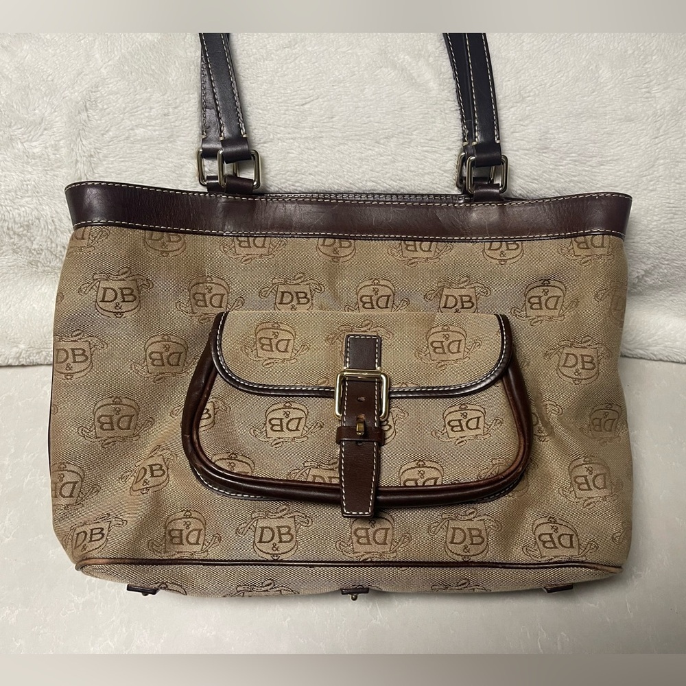 Dooney & Bourke East West Canvas / Leather Trim Donegal Crest Tote Shoulder Bag.